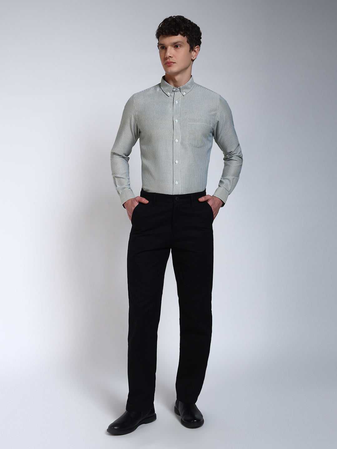 Bottle Green Striped Slim Fit Cotton Shirt