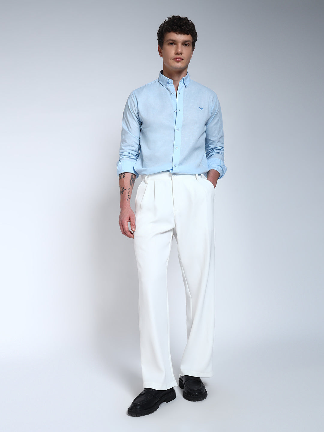 White Solid Pleated Korean Pants