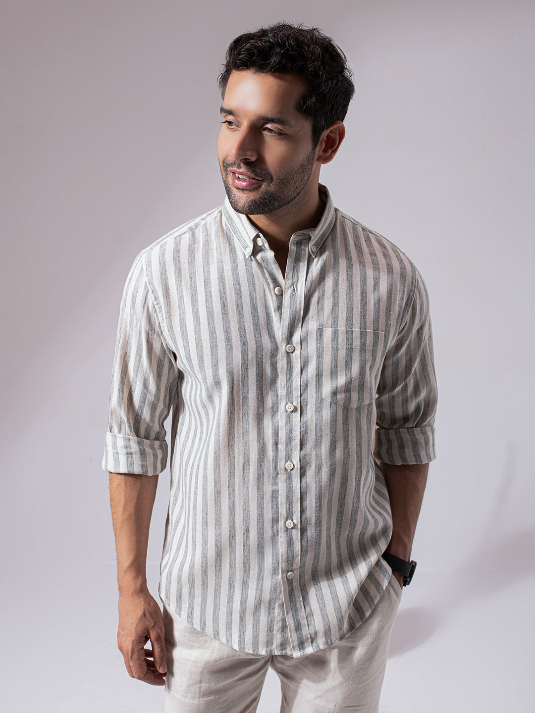 Sage Green Stripes Linen Cotton Shirt