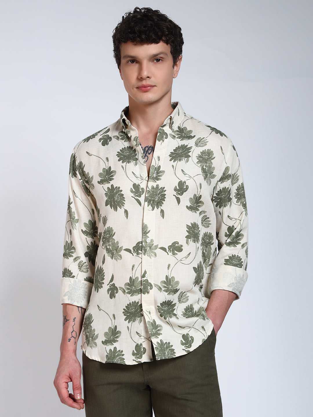 Cream & Green Printed Slim Fit Pre-Washed Linen Cotton Shirt