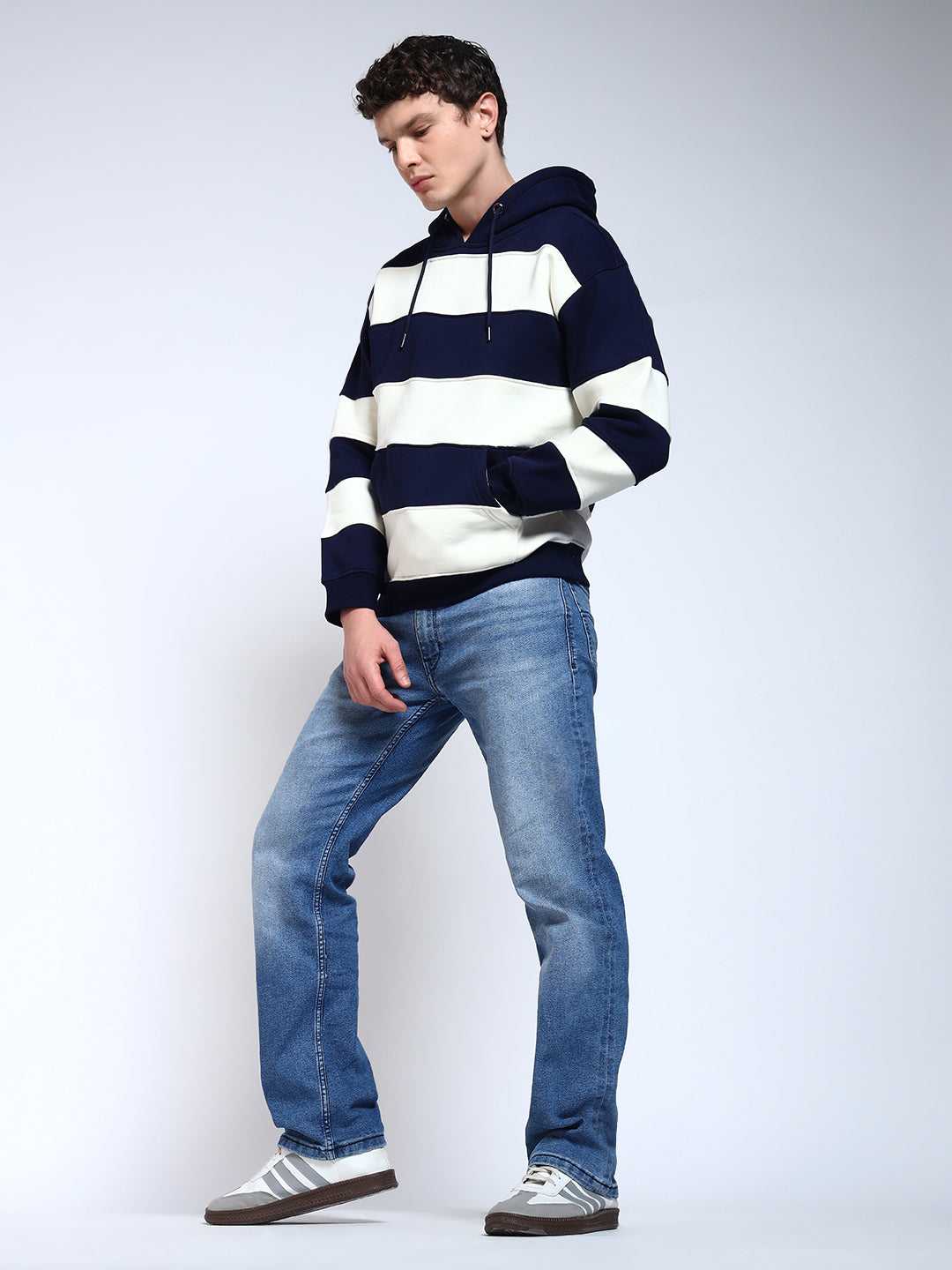 Navy Blue Striped Regular Fit Hoodie Sweatshirt