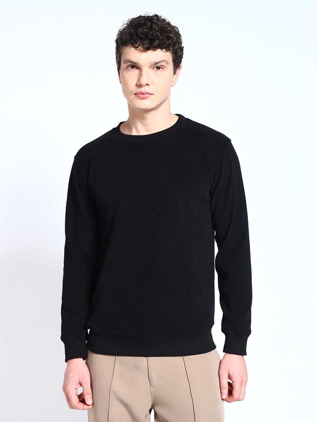 Black Solid textured Sweat Knit Sweater