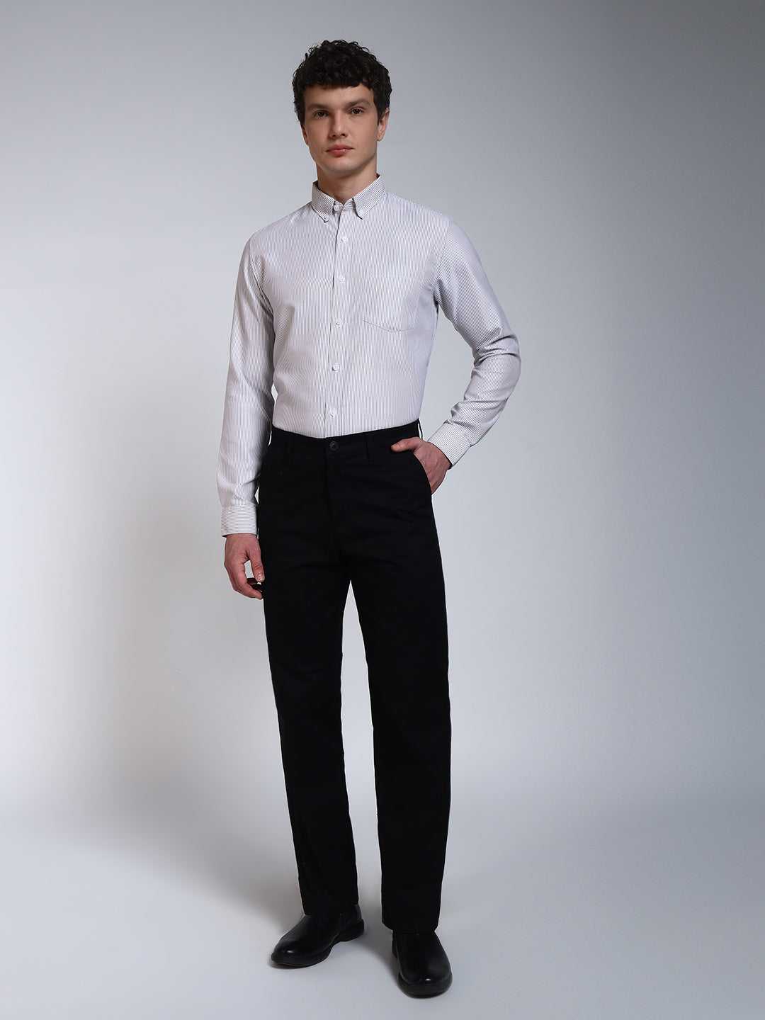 Grey Striped Slim Fit Cotton Shirt