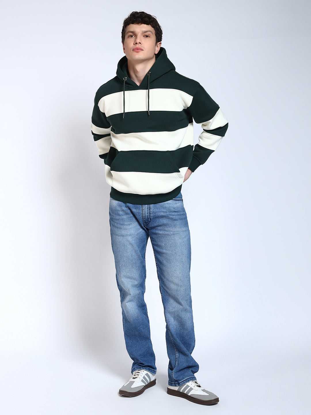 Bottle Green Striped Regular Fit Hoodie Sweatshirt