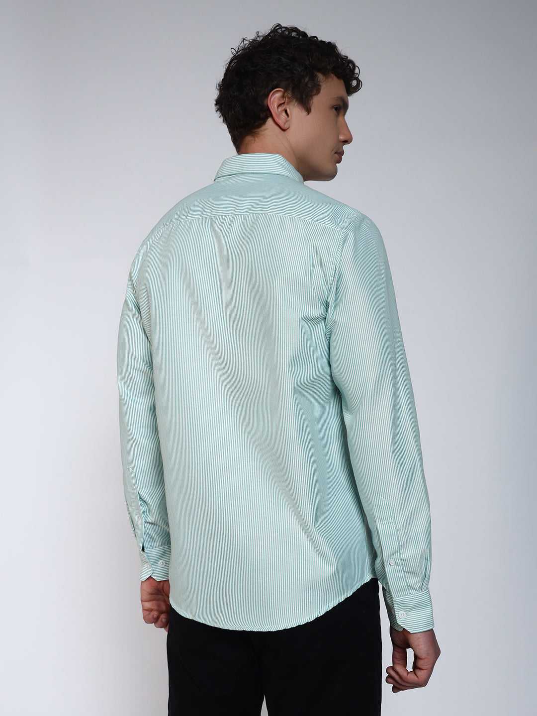 Aqua Green Striped Slim Fit Cotton Shirt