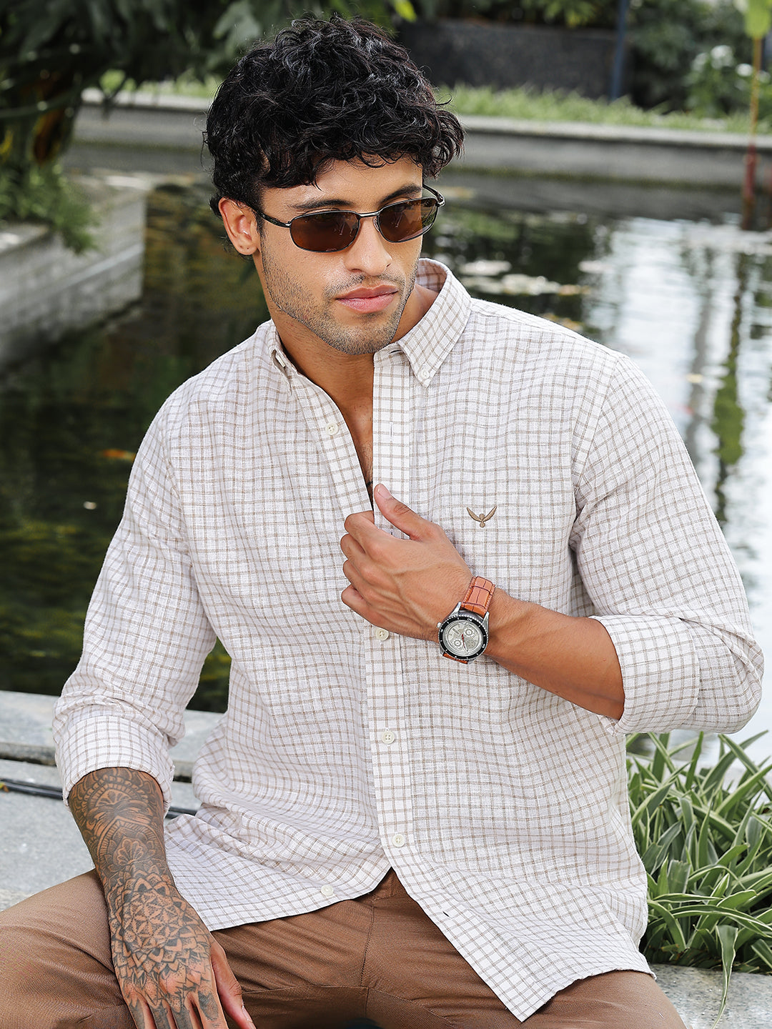 Brown Checked Slim Fit Linen Shirt
