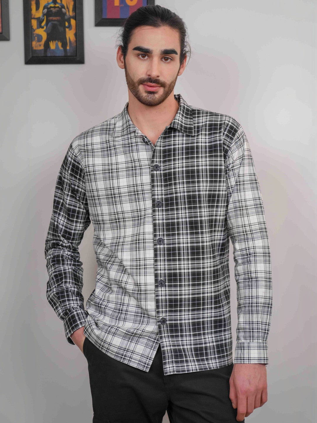 Black And White Checked Cotton Twill Boxy Fit Shirt