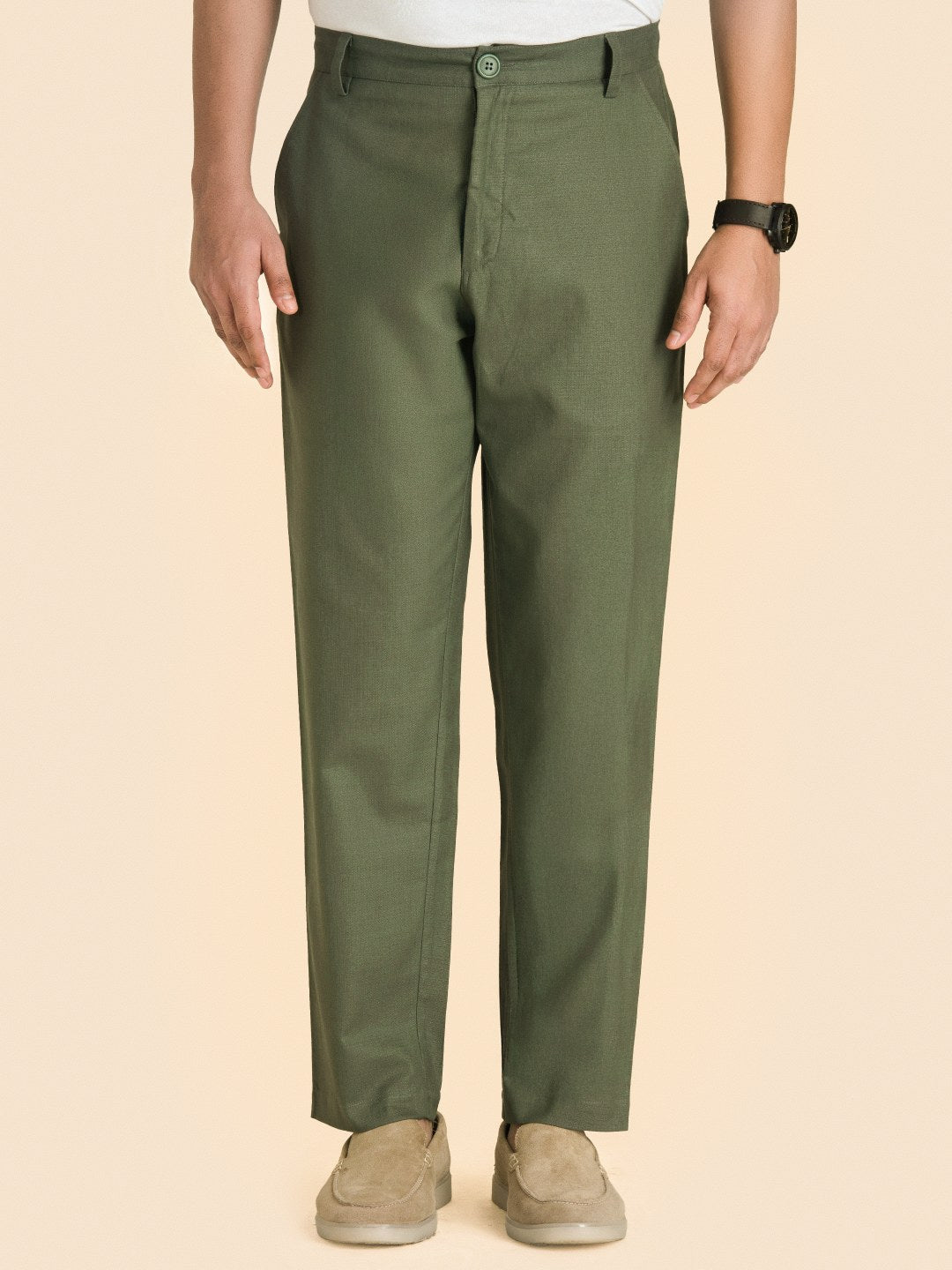 Olive Green Solid Linen Pants