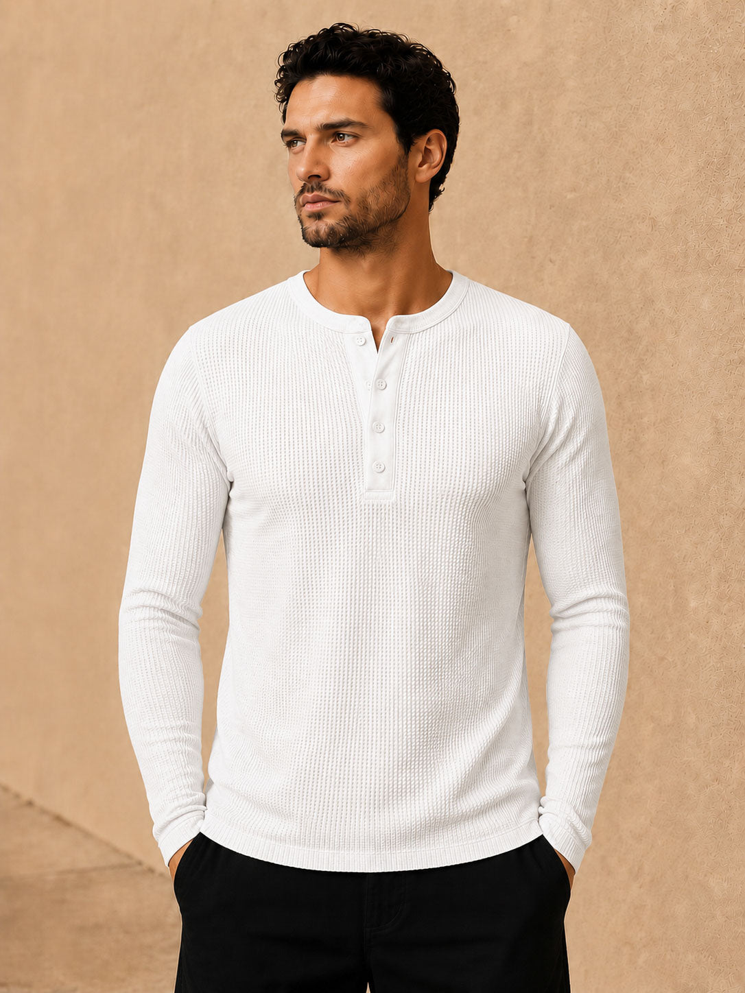 White Waffle Henley Full Sleeve T-Shirt