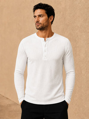 White Waffle Henley Full Sleeve T-Shirt