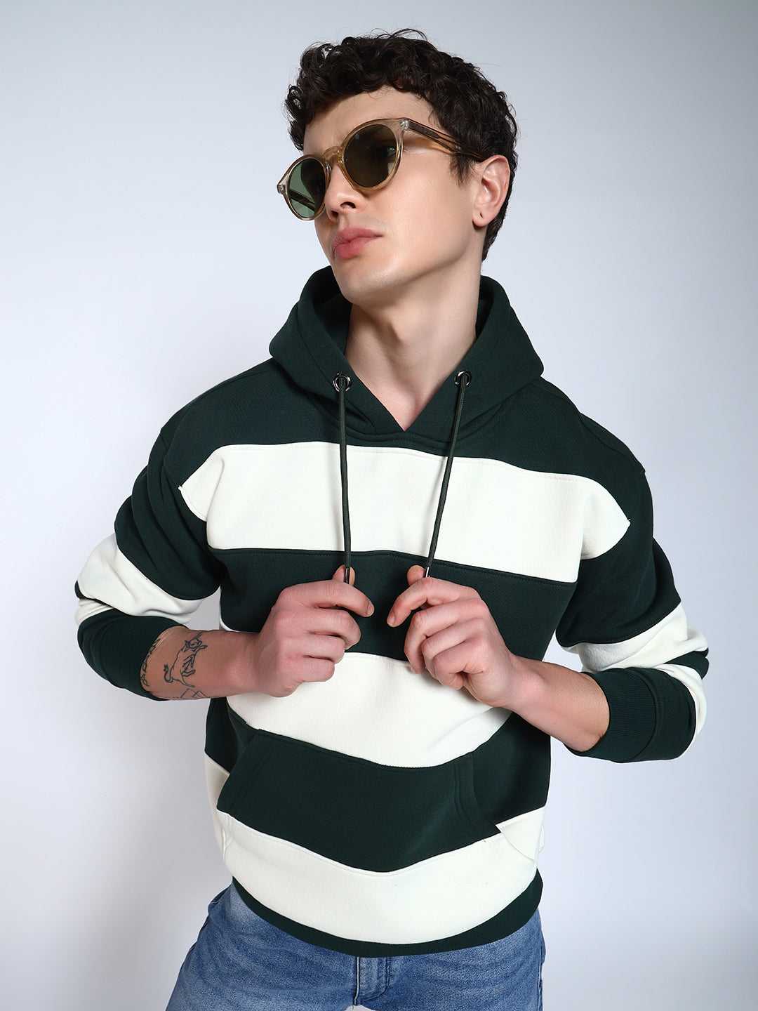 Bottle Green Striped Regular Fit Hoodie Sweatshirt