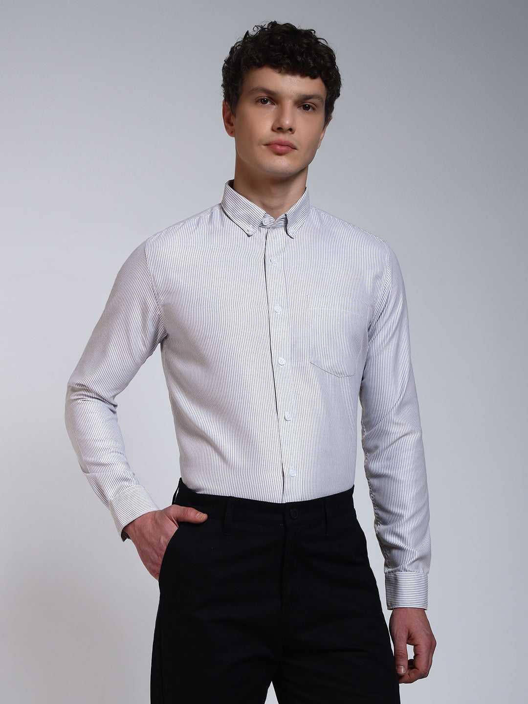 Grey Striped Slim Fit Cotton Shirt