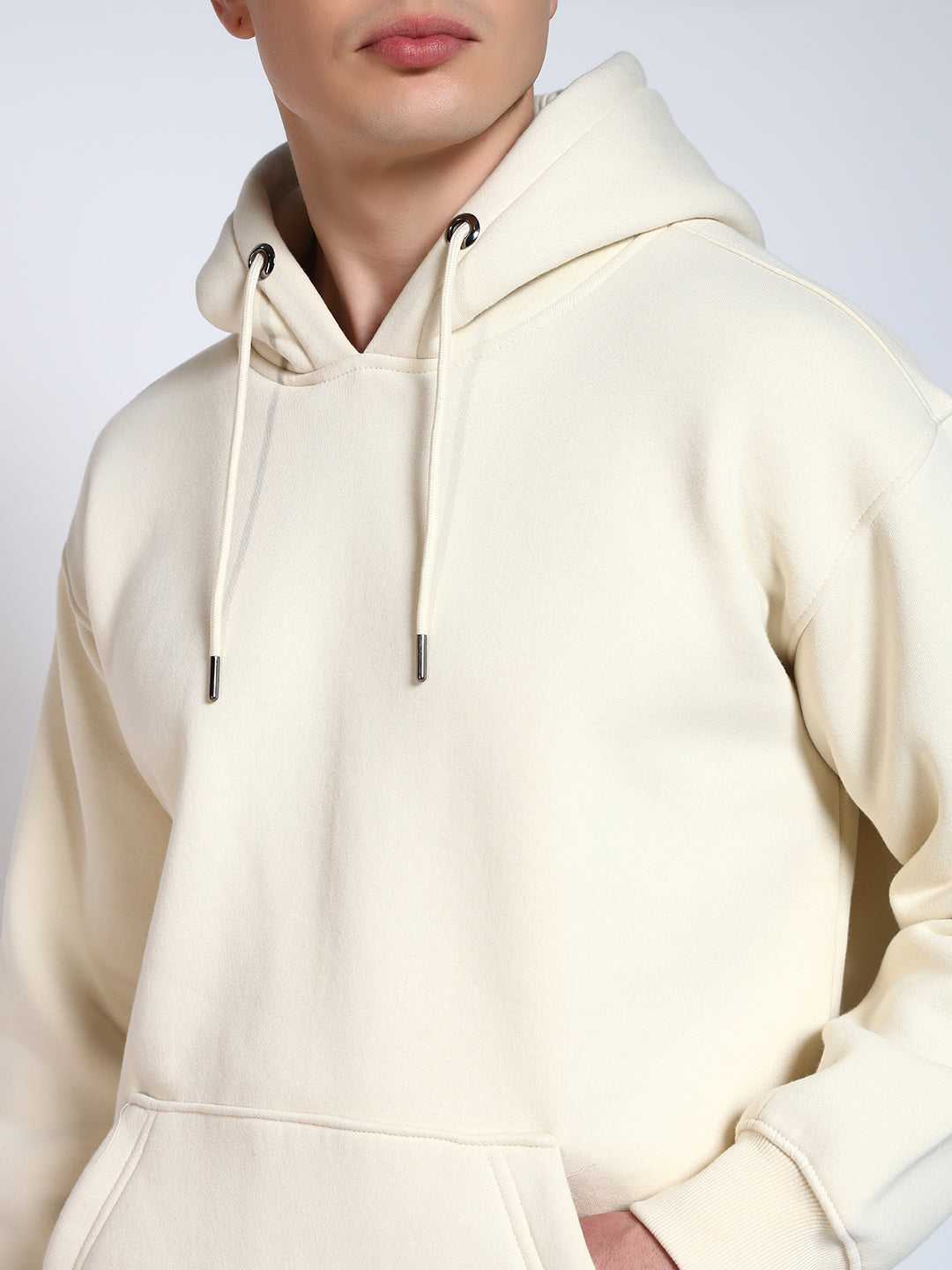 Cream Solid Regular Fit Hoodie Sweatshirt