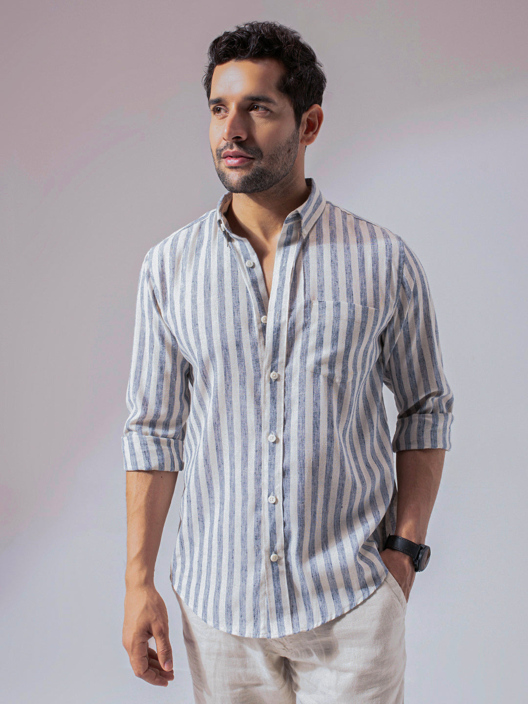 Ocean Blue Stripes Linen Cotton Shirt