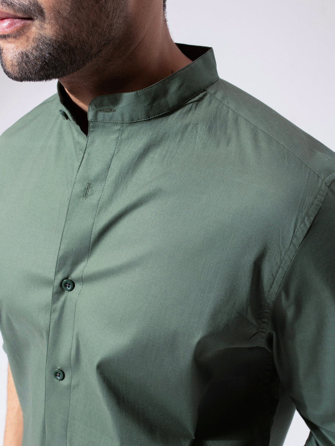Green Band Collar Solid Cotton Shirt