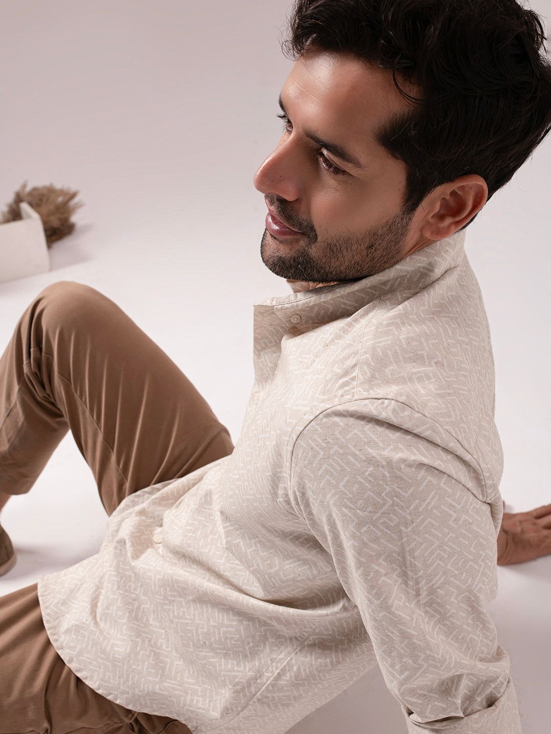 Beige Color Abstract Print Linen Cotton Shirt