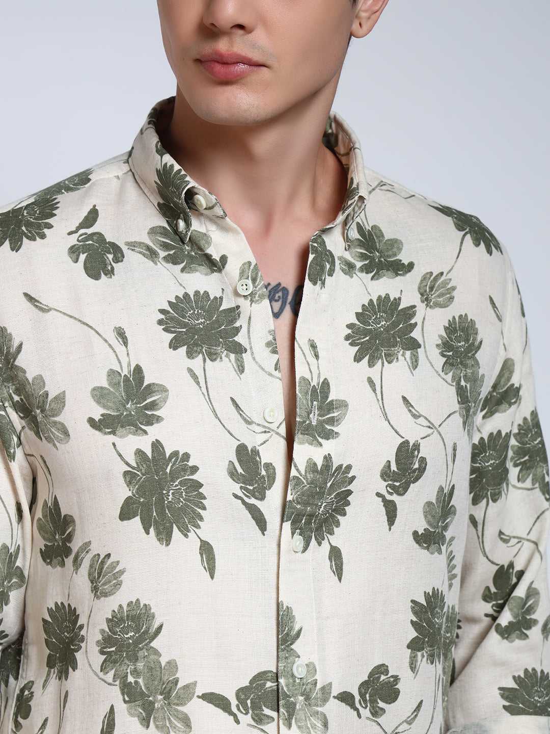 Cream & Green Printed Slim Fit Pre-Washed Linen Cotton Shirt
