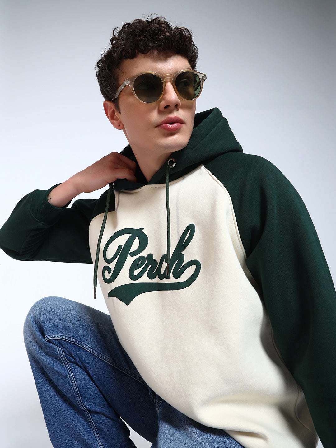 Bottle Green Colour Blocked Regular Fit Hoodie Sweatshirt
