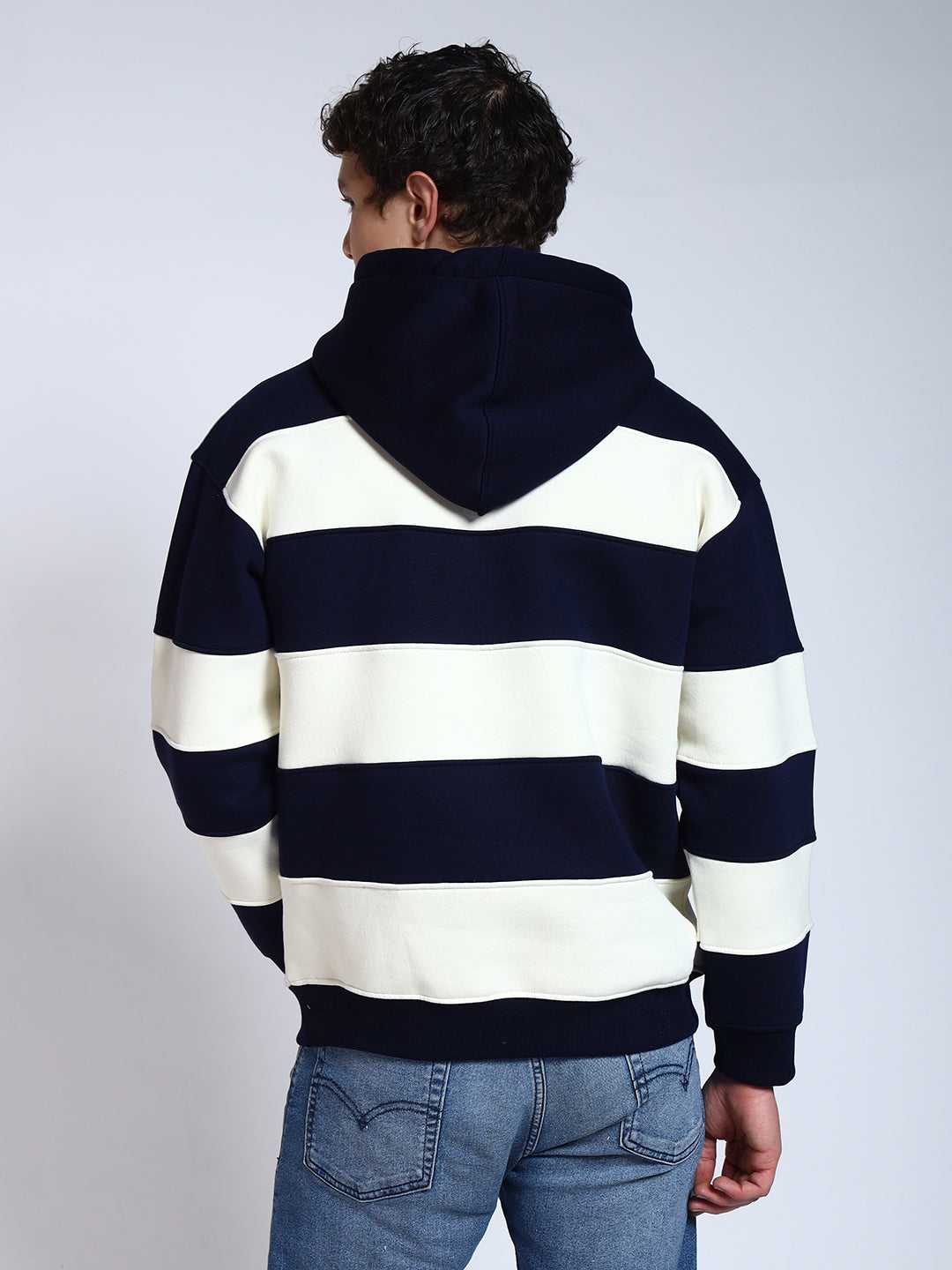 Navy Blue Striped Regular Fit Hoodie Sweatshirt