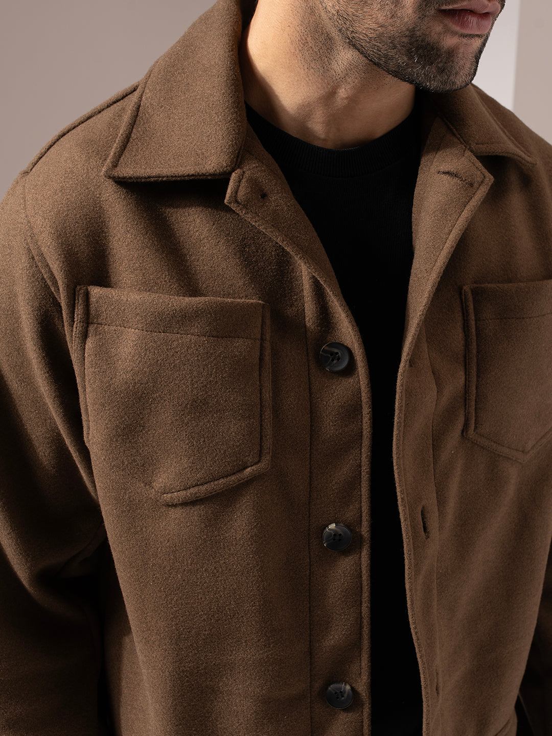 Brown Woolen Solid Crop Jacket