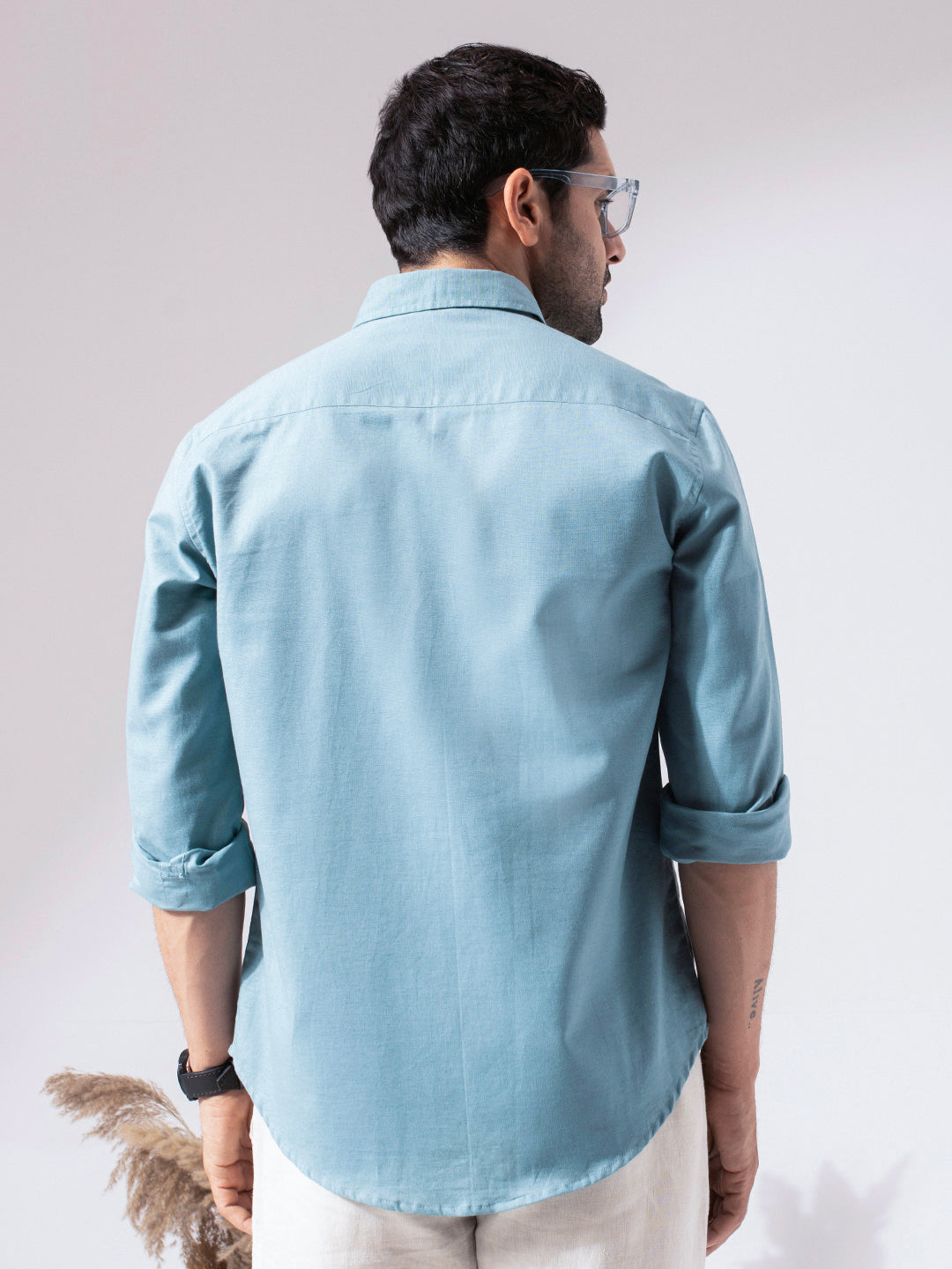 Aqua Blue Pre-Washed Linen Blend Shirt