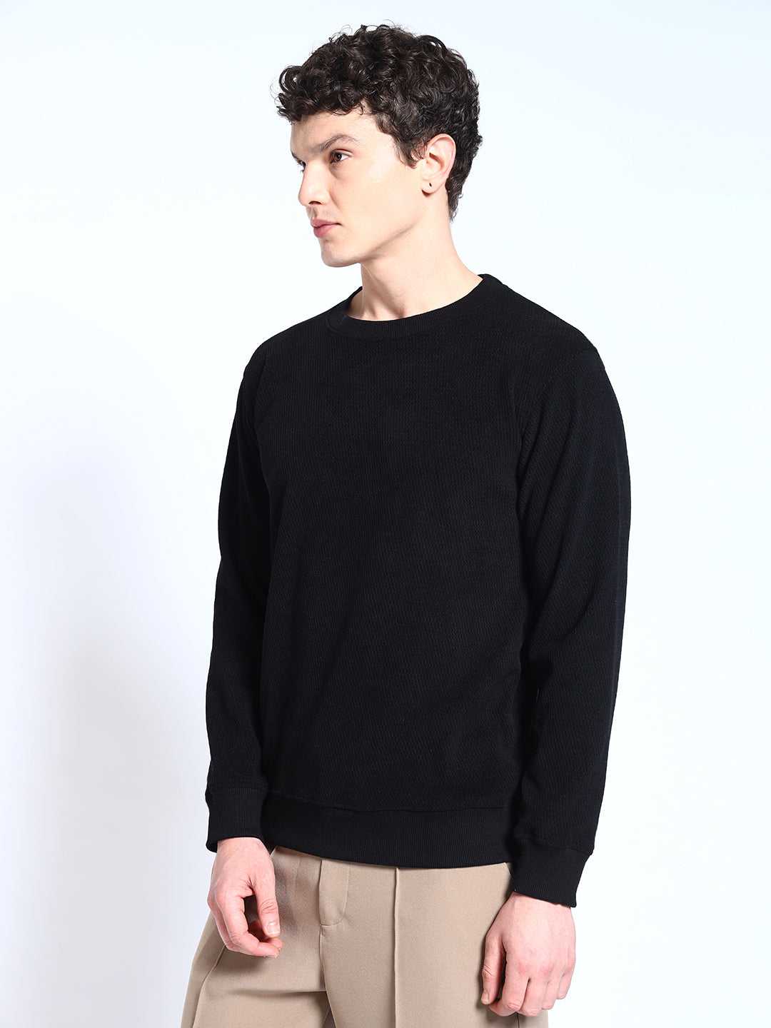 Black Solid textured Sweat Knit Sweater