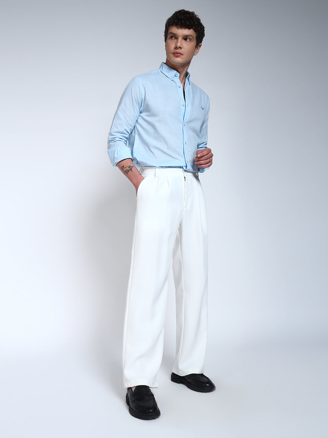 White Solid Pleated Korean Pants