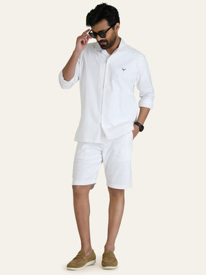 White Linen Solid Shirt Shorts Co-ord Set.