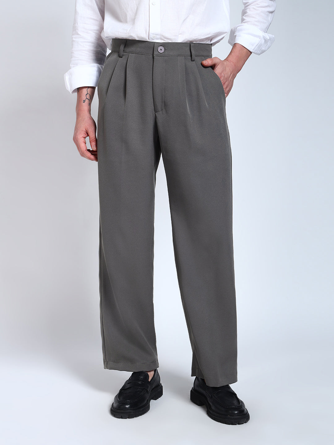 Steel Grey Solid Pleated Korean Pants