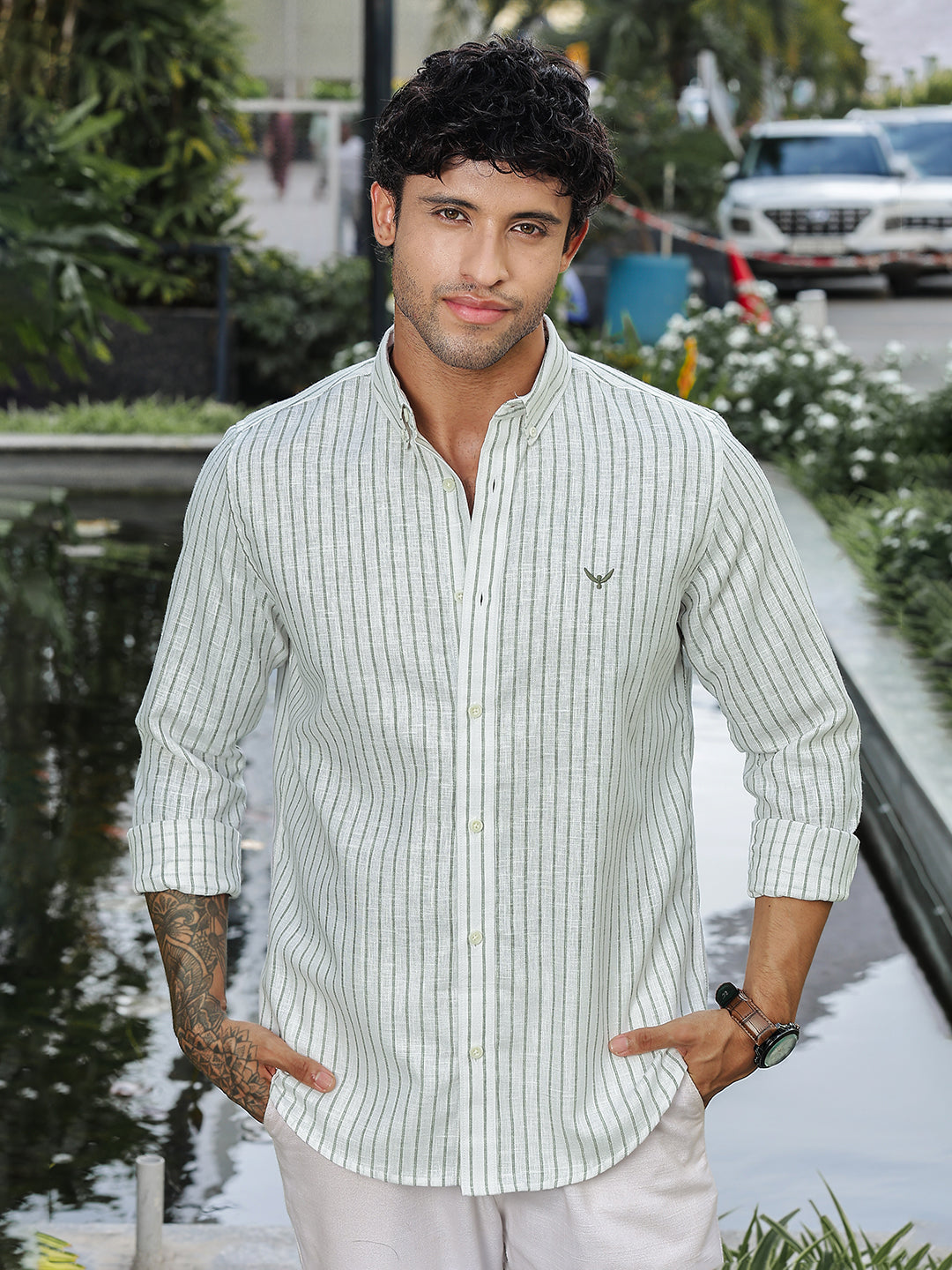 Green Striped Slim Fit Linen Shirt