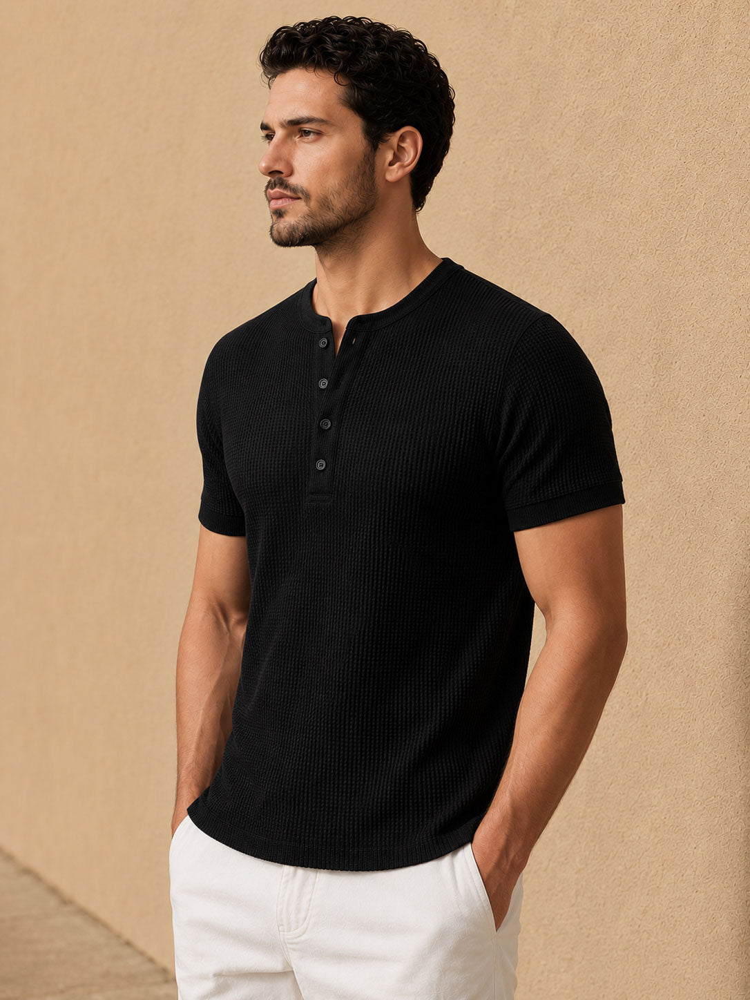 Black Waffle Henley Half Sleeve T-Shirt