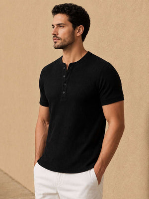 Black Waffle Henley Half Sleeve T-Shirt