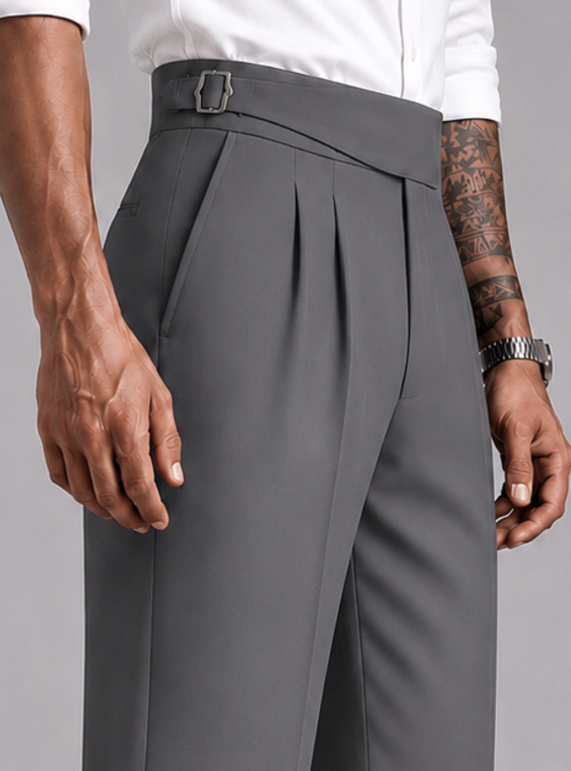 Steel Grey Solid Straight Fit Single Buckle Gurkha Pant For Men