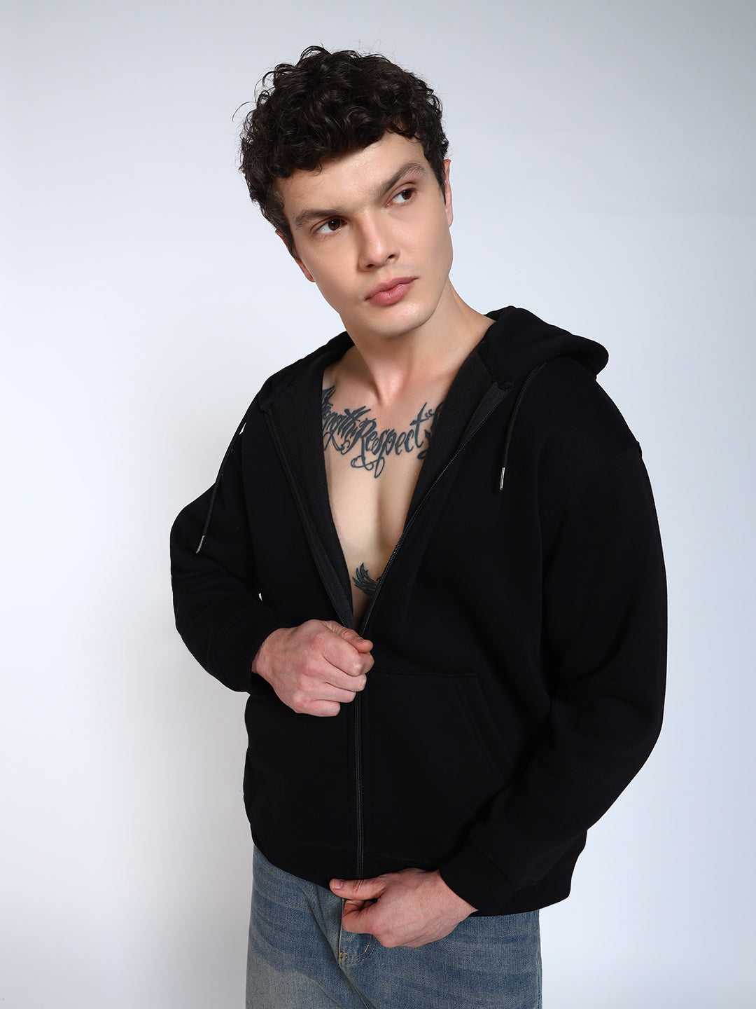 Black Solid Regular Fit Zipper Hoodie Sweatshirt