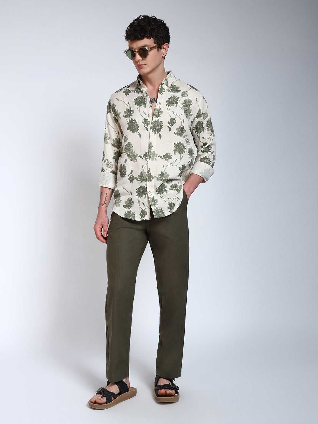 Cream & Green Printed Slim Fit Pre-Washed Linen Cotton Shirt
