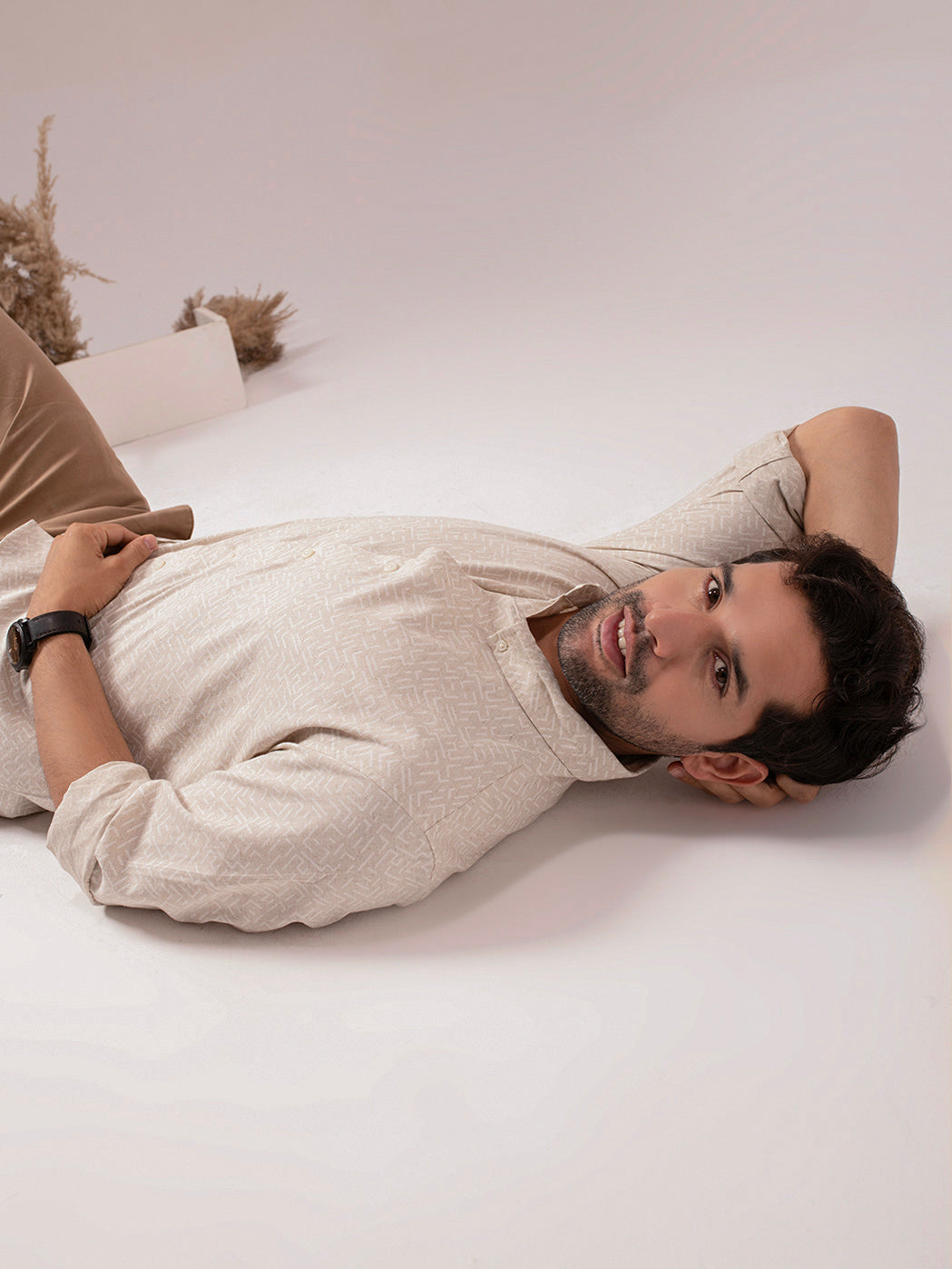 Beige Color Abstract Print Linen Cotton Shirt