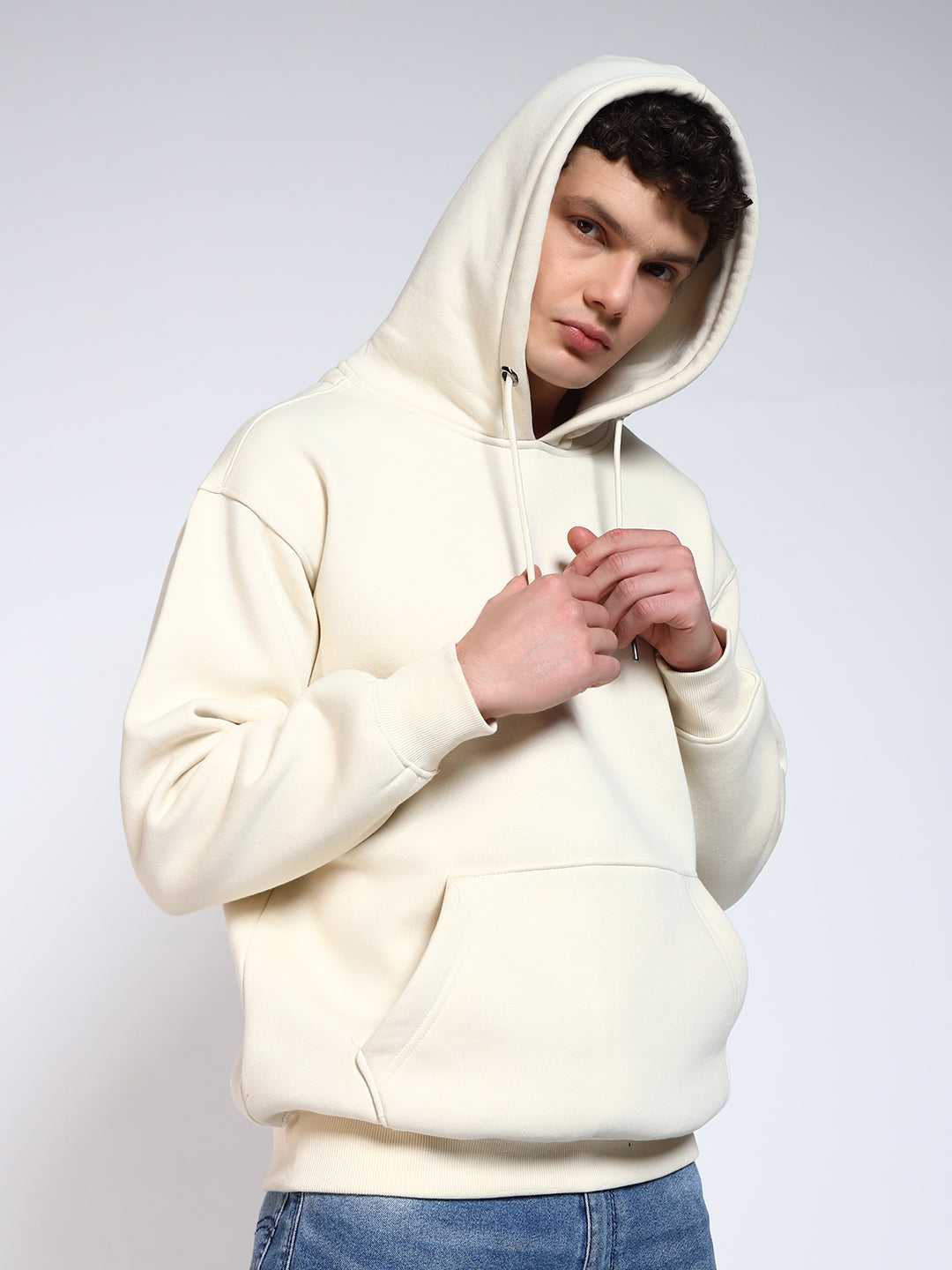 Cream Solid Regular Fit Hoodie Sweatshirt