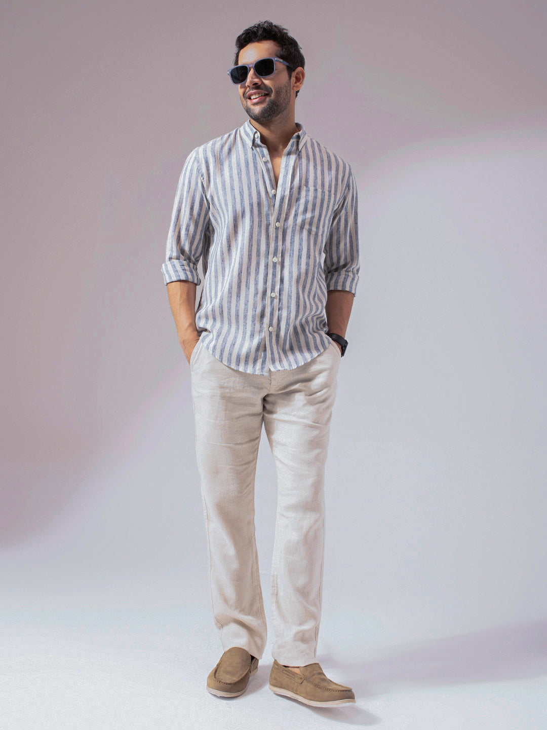 Ocean Blue Stripes Linen Cotton Shirt