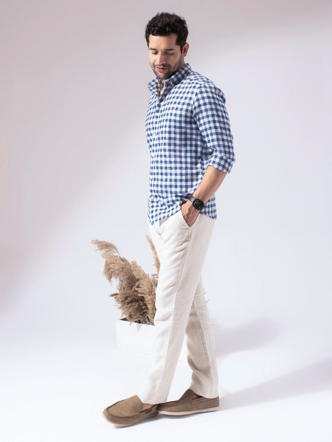 Blue Checks Linen Blend Shirt