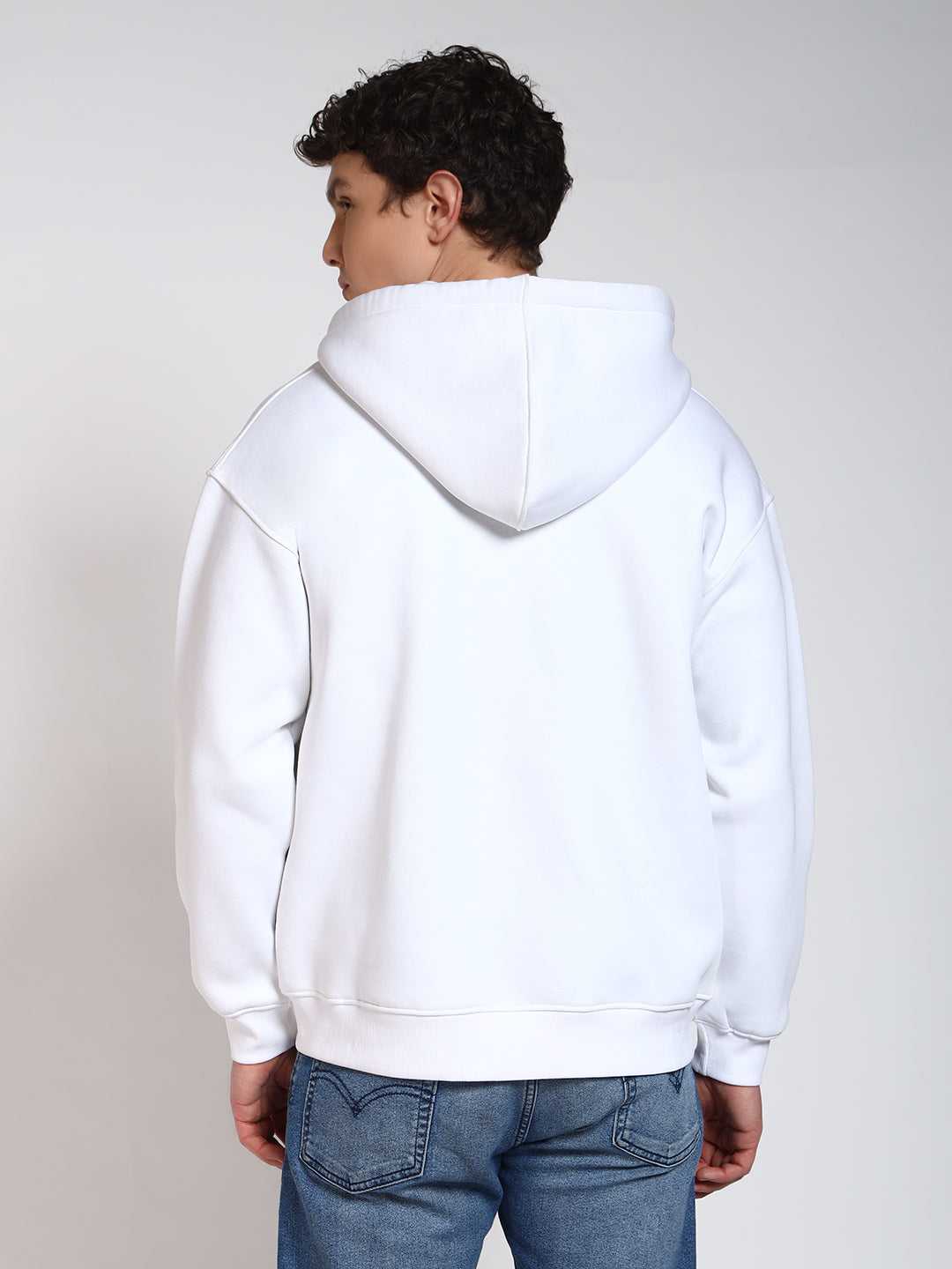White Solid Regular Fit Zipper Hoodie Sweatshirt