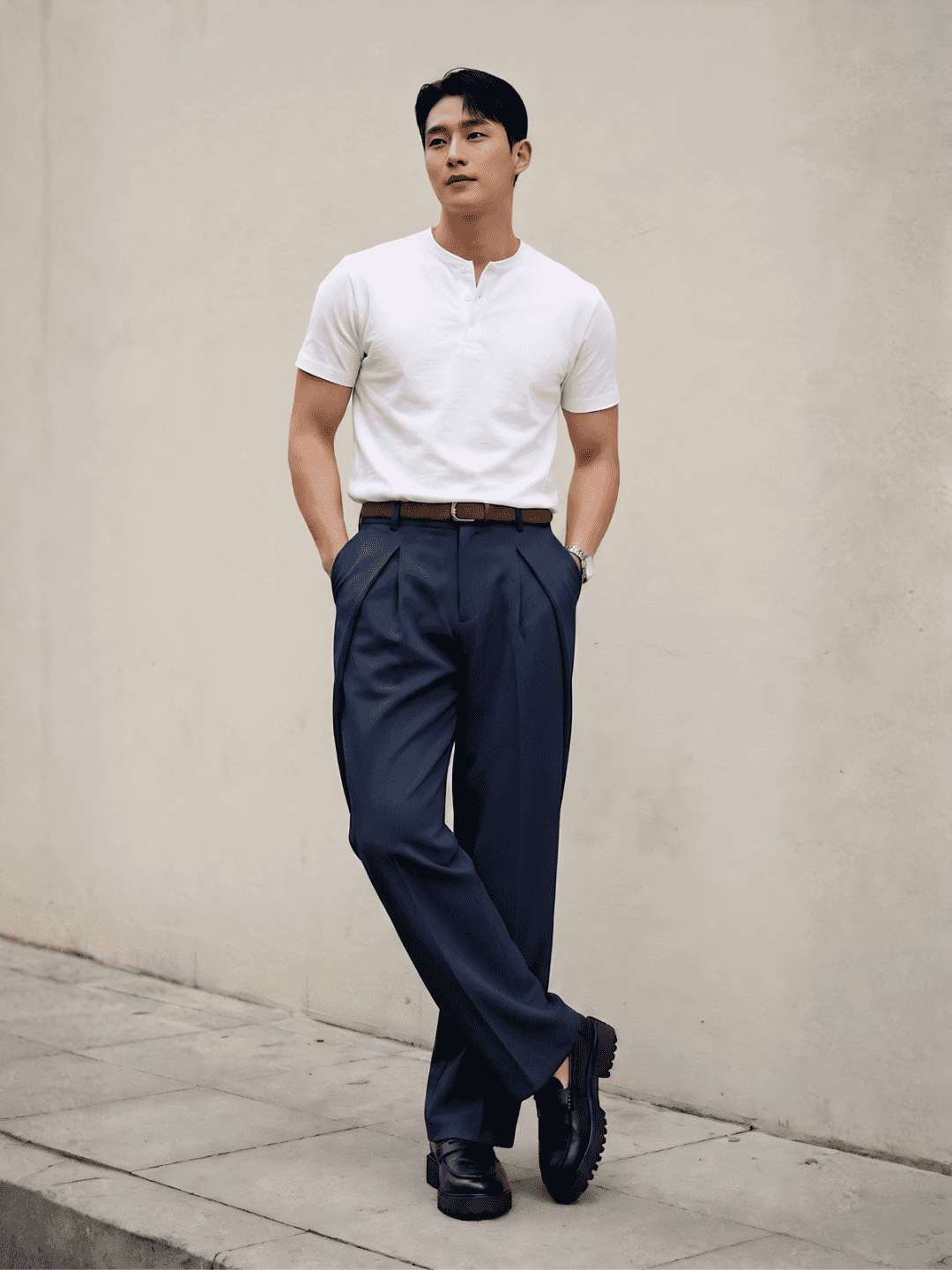 Navy Solid Loose Fit Overpleat Korean Pant