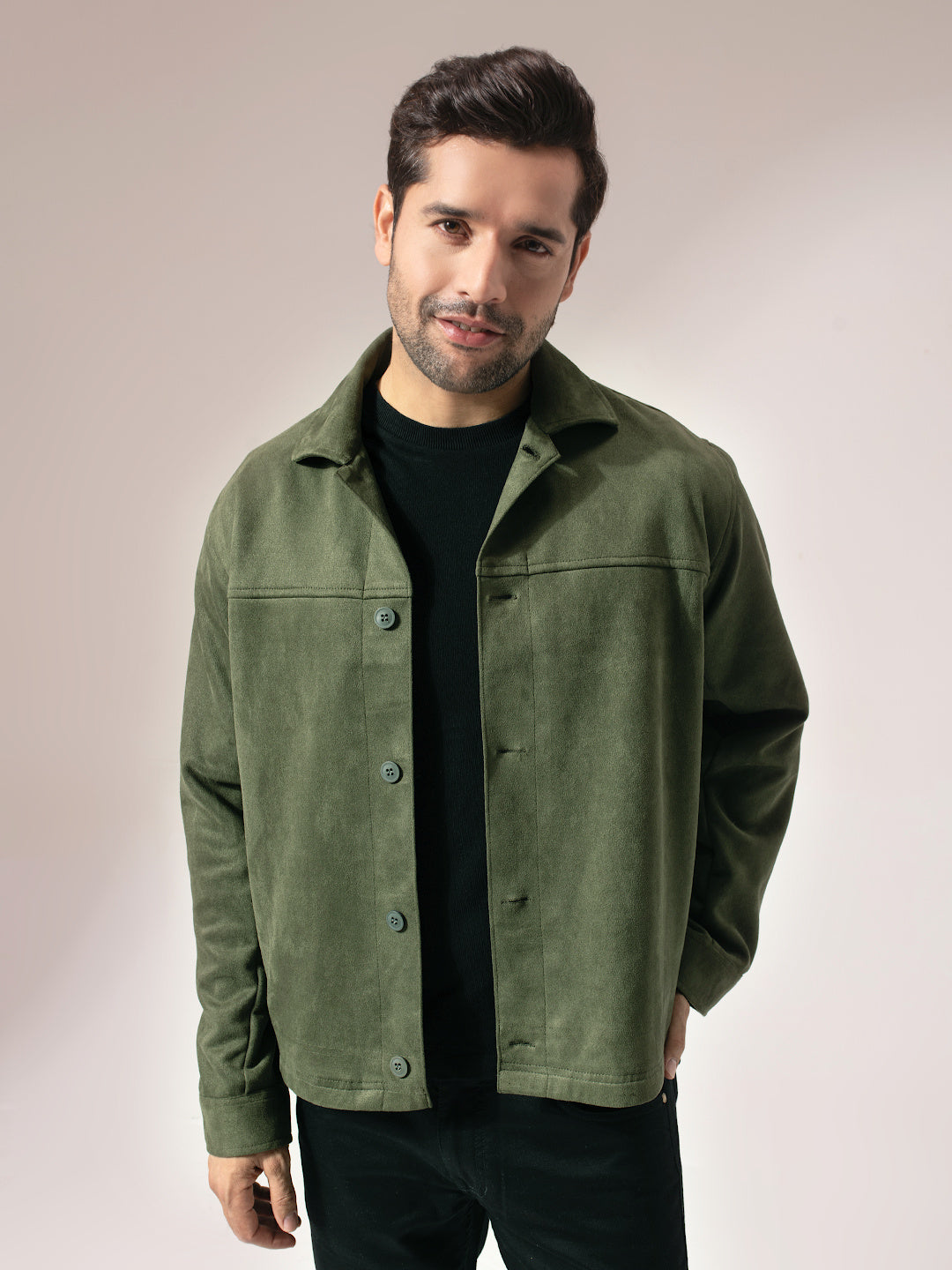 Olive Green Suede Solid Cut & Sew Jacket