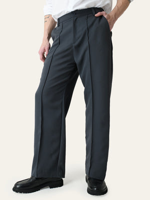 Dark Grey Solid Pintuck Korean Pants