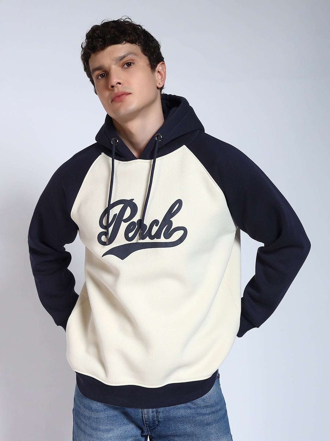 Navy Blue Colour Blocked Regular Fit Hoodie Sweatshirt