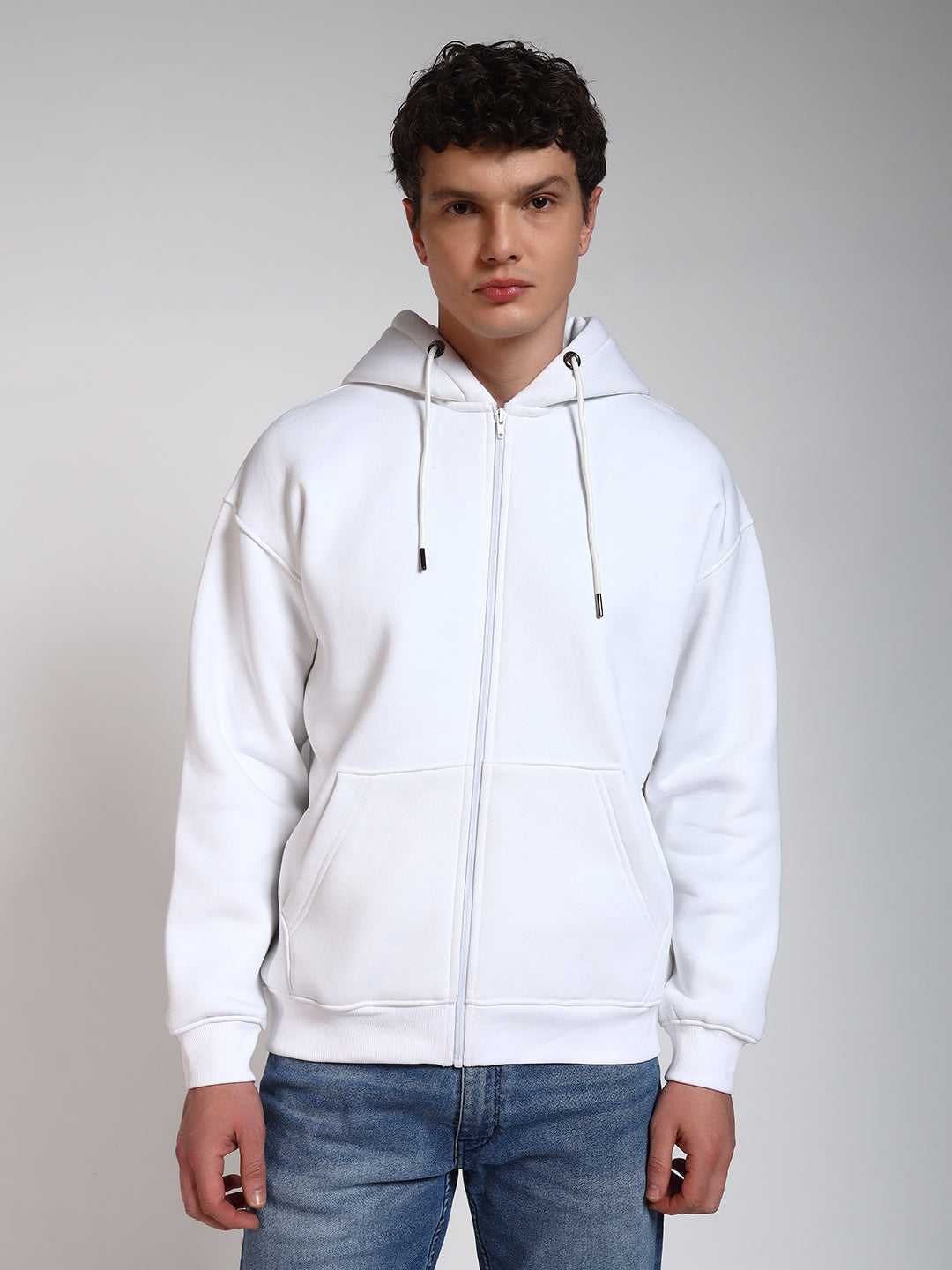 White Solid Regular Fit Zipper Hoodie Sweatshirt
