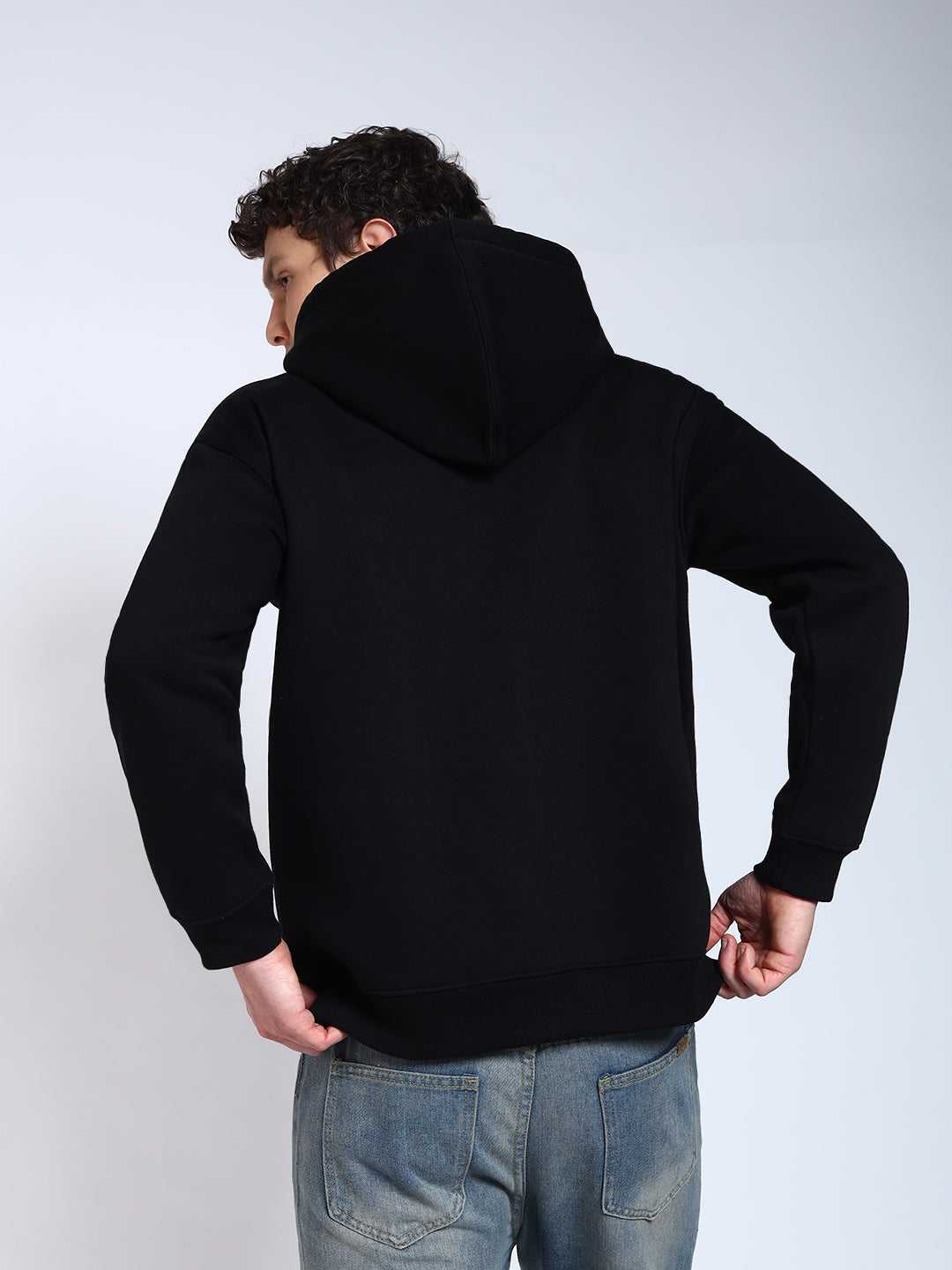 Black Solid Regular Fit Zipper Hoodie Sweatshirt