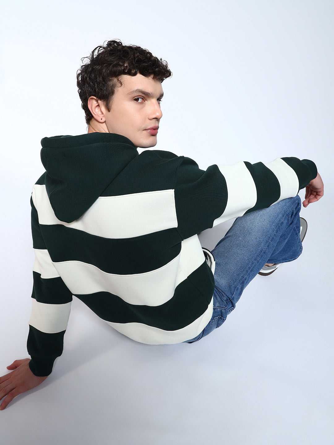 Bottle Green Striped Regular Fit Hoodie Sweatshirt