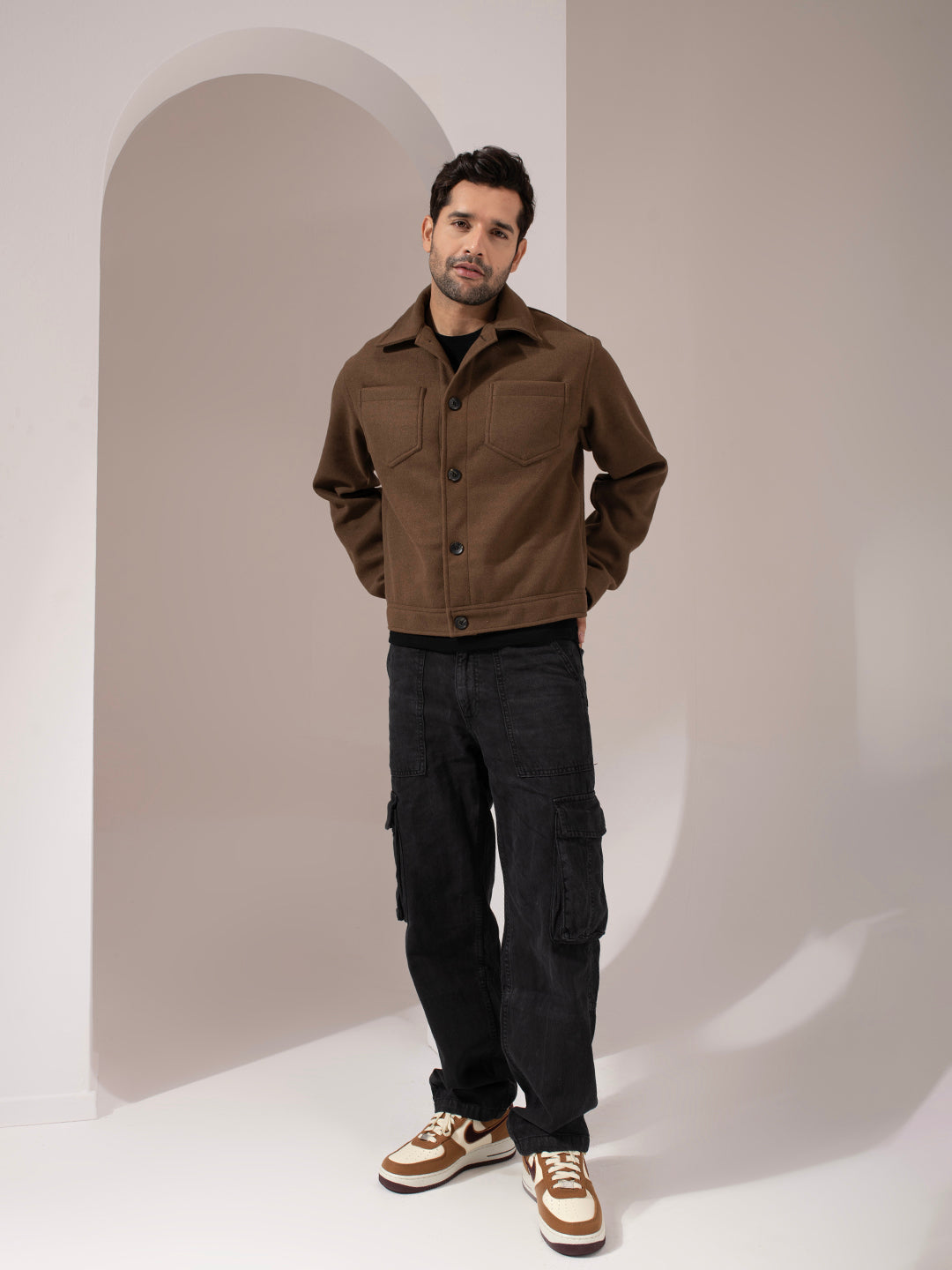 Brown Woolen Solid Crop Jacket