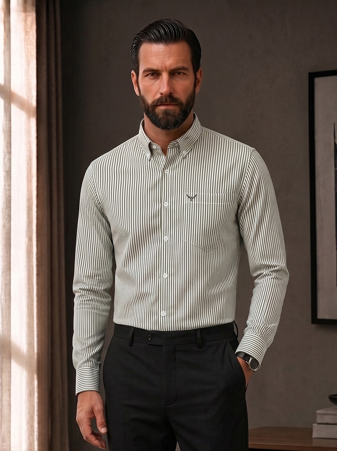 Bottle Green Striped Slim Fit Cotton Shirt