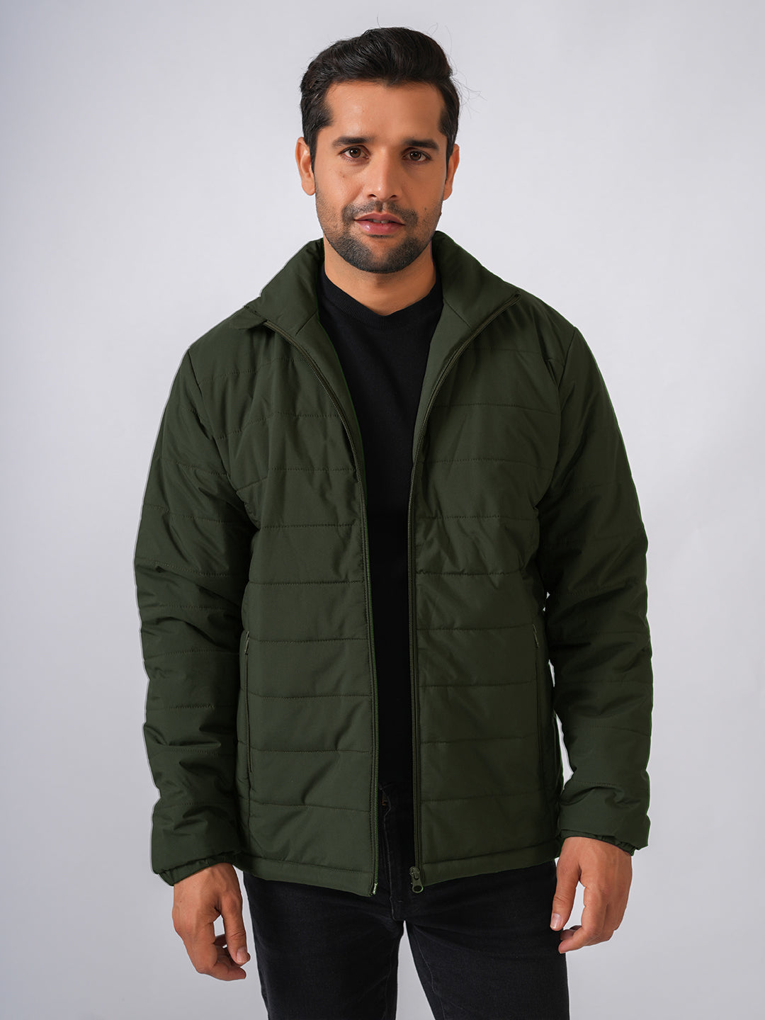 Bottle Green Solid Lightweight Puffer Jacket